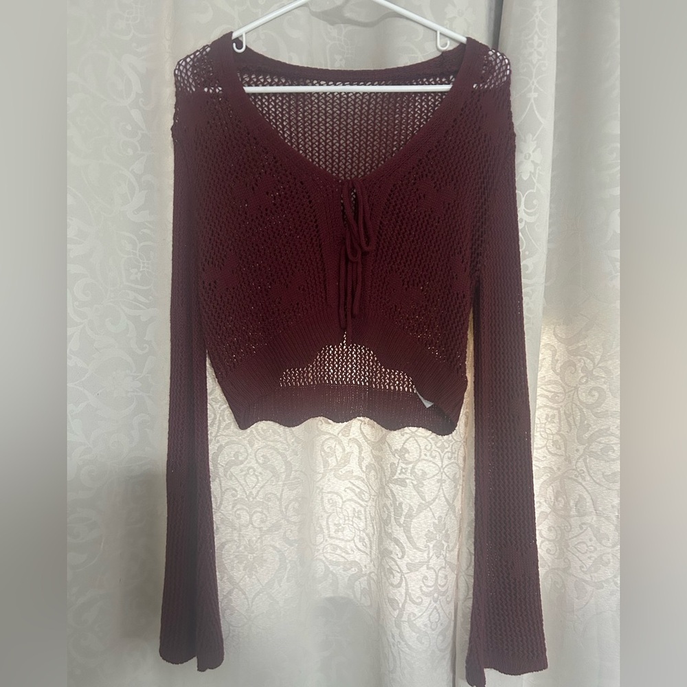 Cider Butterfly Knit Tie Front Sweater Wine Red Cropped Top Size XS